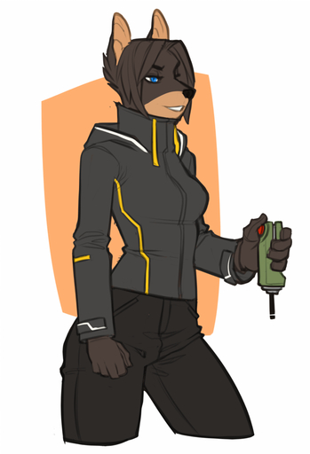 5_fingers anthro black_nose bottomwear brown_body brown_fur brown_hair canid canine clothed clothing faint female fingers fully_clothed fur hair holding_object mammal pants short_hair smile solo standing teeth wide_hips // 682x1000 // 199KB