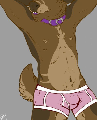 anthro bambii_dog belly bulge cervid clothed clothing collar hands_behind_head hi_res male mammal nipples pinup pose solo stoobs topless underwear // 1038x1280 // 101KB