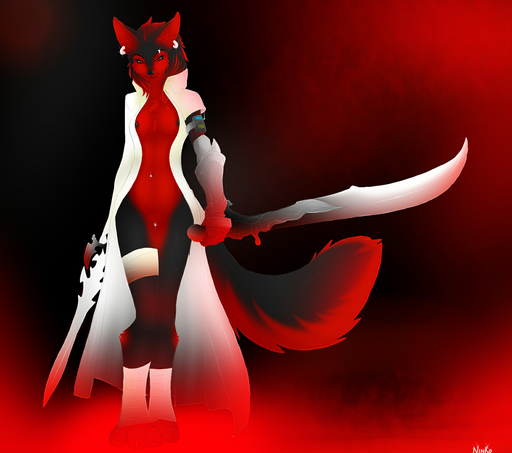 2012 anthro bandage biped black_body black_fur black_nipples breasts canid canine canis clitoris clitoris_piercing clothing coat domestic_dog ear_piercing female fur genital_piercing genitals hi_res holding_object holding_sword holding_weapon husky looking_at_viewer mammal melee_weapon music_player nipples nnecgrau nordic_sled_dog nude piercing pose pussy pussy_piercing red_body red_eyes red_fur red_theme smile solo spades spitz standing sword topwear weapon wolf zoe_(nnecgrau) // 1550x1370 // 538.9KB