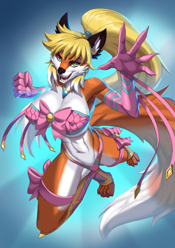 2019 4_toes 5_fingers alanscampos anthro barefoot biped blonde_hair breasts canid canine clothed clothing digital_media_(artwork) eyebrows eyelashes feet female fingers fox fur green_eyes hair hi_res mammal midriff navel open_mouth orange_body orange_fur skimpy smile solo teeth toes tongue vixen_mighty_(itsjojo) // 1414x2000 // 1.4MB