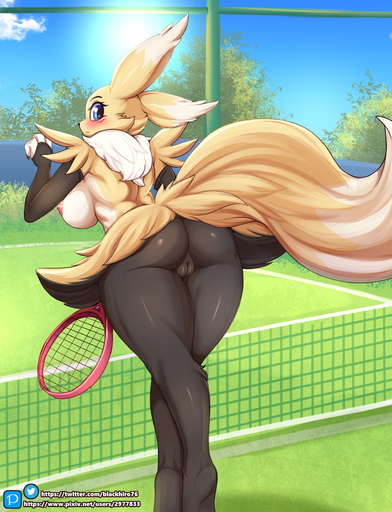 2022 absurd_res anthro areola big_breasts blue_eyes blush braixen breasts butt canid canine digimon_(species) female fur generation_6_pokemon genitals hi_res hybrid kyodashiro mammal nipples nude pink_areola pink_nipples pokemon_(species) pussy renamon solo video_games white_body white_fur yellow_body yellow_fur // 1923x2512 // 1.9MB