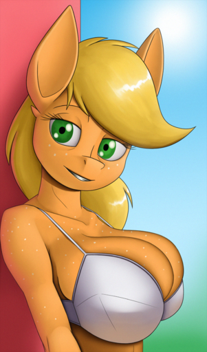 anthro anthrofied applejack_(mlp) big_breasts blonde_hair breasts cleavage clothed clothing creatiffy equid equine female freckles hair hi_res horse mammal orange_body solo // 1001x1700 // 3.4MB