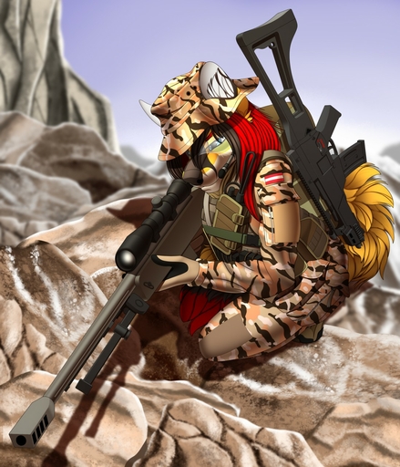 2019 anthro blue_eyes canid canine day detailed_background digital_media_(artwork) female gun hair hi_res holding_gun holding_object holding_weapon mammal outside ranged_weapon red_hair sky solo tales_foxdale weapon // 1097x1280 // 310.3KB