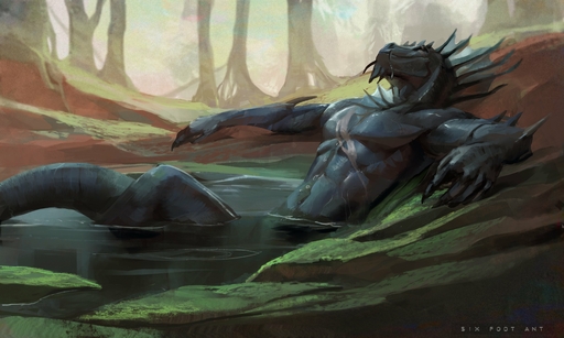 2019 5_fingers absurd_res anthro asian_mythology athletic bathing biceps black_body black_scales censored convenient_censorship dead_tree detailed_background digital_media_(artwork) digital_painting_(artwork) dragon east_asian_mythology eastern_dragon elkc eye_scar facial_scar facial_spikes fin fingers forest frill_(anatomy) head_fin hi_res male markings moss muscular muscular_anthro muscular_male mythology navel nude outside partially_submerged pecs plant pond reclining relaxing rock scales scalie scar sixfoot skinny_dipping snout solo spikes spikes_(anatomy) teal_scales teeth tree triceps water white_markings // 4096x2458 // 1.1MB