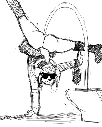 anthro black_and_white bodily_fluids boots bottomless butt canid canine canis clothed clothing domestic_dog eyewear female footwear frown genital_fluids genitals hair handbag handstand hi_res hladilnik lol_comments mammal monochrome on_one_hand peeing piss_queen_(hladilnik) pussy solo sunglasses toilet urine // 1023x1280 // 572.8KB