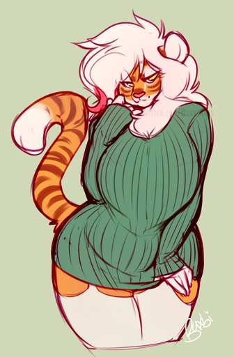 2017 anthro buxbi buxbi_(character) clothed clothing curvy_figure felid female green_clothing hair legwear looking_at_viewer mammal pantherine pink_nose ribbed_clothing ribbed_sweater simple_background solo sweater thick_thighs thigh_highs tiger topwear voluptuous watermark white_hair // 670x1020 // 434.3KB