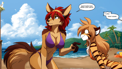 2022 7:4 anthro ayn_(fluff-kevlar) beach big_breasts bikini bikini_bottom bikini_top black-backed_jackal breach breast_envy breast_size_difference breasts brown_body brown_fur brown_hair bulging_eyes canid canine canis cleavage clothed clothing cloud conditional_dnp detailed_background dialogue duo ear_piercing ear_ring english_text felid female flora_(twokinds) fur gesture hair hi_res jackal jealous keidran larger_female looking_back mammal midriff multicolored_body multicolored_fur orange_body orange_fur outside palm_tree pantherine piercing plant pointing red_hair roberto_(twokinds) sea seaside size_difference skimpy smaller_female stare striped_body striped_fur stripes swimwear text tiger tiki_torch tom_fischbach tree water webcomic white_body white_fur // 2240x1280 // 2.2MB
