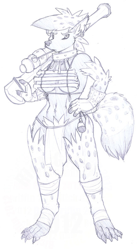 anthro clothed clothing female gnoll gun hair hyaenid mammal monochrome ranged_weapon rick_griffin solo spotted_hyena tobacco_pipe tribal weapon yeshka // 435x791 // 71.7KB
