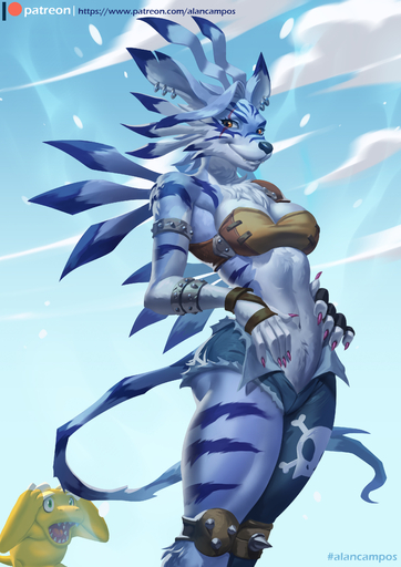 2018 absurd_res agumon alanscampos anthro anthrofied blue_body blue_fur bottomwear breasts brown_eyes canid canine claws cleavage clothed clothing cutoffs denim denim_clothing digimon_(species) digital_media_(artwork) duo ear_piercing fangs female female_focus fur green_eyes hand_on_head hands_on_hips hi_res jeans knee_pads looking_at_viewer mammal navel open_bottomwear open_clothing open_mouth open_pants pants piercing scar shorts skimpy sky smile solo_focus spikes stripes text torn_clothing url weregarurumon white_body white_fur wide_eyed yellow_body yellow_skin // 2480x3508 // 2.8MB