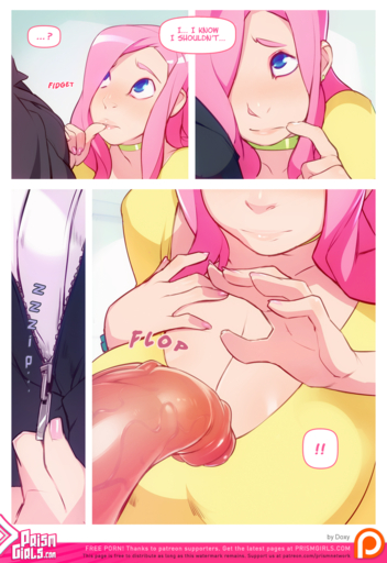 alternate_species big_breasts breasts clothed clothing comic doxy duo english_text female female_focus fluttershy_(mlp) genitals hair half-erect hi_res huge_breasts human humanized humanoid_genitalia humanoid_penis male malefemale mammal not_furry penis pink_hair simple_background solo_focus text url // 893x1299 // 1.2MB