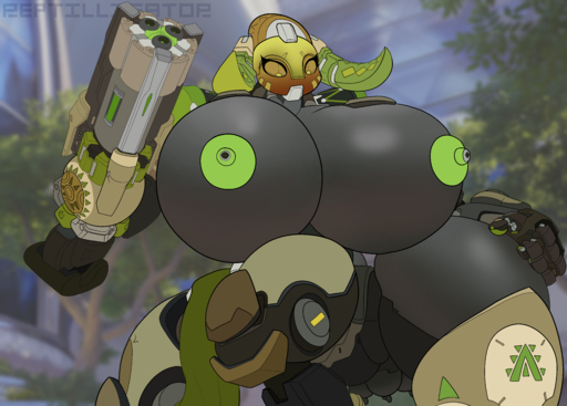 2021 absurd_res big_breasts big_butt breasts butt female gun hand_on_butt hi_res horn huge_breasts machine omnic orisa_(overwatch) ranged_weapon reptilligator robot robot_arm robotic sex_toy solo taur teats thick_thighs udders video_games weapon // 8369x6000 // 10.7MB