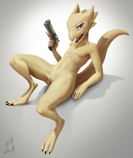 2019 anthro female flat_chested full-length_portrait genitals gun handgun hi_res holding_gun holding_object holding_weapon kobold nude nude_anthro nude_female open_mouth portrait pussy ranged_weapon reclining red_eyes scalie solo w4g4 weapon yellow_body // 1350x1613 // 79.8KB