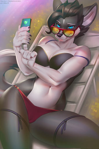 2017 anthro big_breasts bikini black_hair blue_eyes bra breasts camel_toe canid canine cellphone clara_kent cleavage clothed clothing eyewear female glasses hair lying mammal miles_df phone smile solo swimwear thong underwear // 633x950 // 463KB