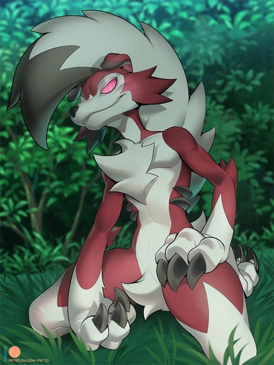 2021 3:4 anthro black_body black_fur black_hair chest_tuft claws crotch_tuft detailed_background digital_media_(artwork) finger_claws fur grass hair hi_res kneeling looking_at_viewer lycanroc male midnight_lycanroc multicolored_body multicolored_fur multicolored_hair outside patreon_logo patto pink_eyes plant pokemon_(species) red_body red_fur smile solo text toe_claws tuft two_tone_hair url video_games white_body white_fur white_hair // 1125x1500 // 227.0KB