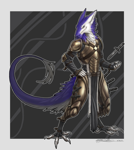 2015 anthro armor blacktalons bottomwear bracers breastplate claws clothing dagger digitigrade fingerless_gloves fur furgonomics gloves greaves grey_background hand_on_hip handwear hi_res loincloth looking_at_viewer male mammal mane melee_weapon pauldron purple_body purple_eyes purple_fur scabbard sergal signature simple_background smile solo weapon white_body white_fur // 1076x1200 // 699.7KB