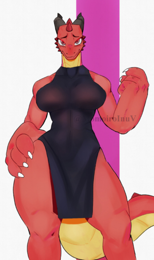 abs anthro big_breasts big_hands blush breasts claws clothing dress female goonie-san hand_on_hip hi_res kobold looking_at_viewer muscular muscular_anthro muscular_female non-mammal_breasts red_body red_eyes scalie solo thick_thighs translucent translucent_clothing wide_hips // 1059x1782 // 1.8MB