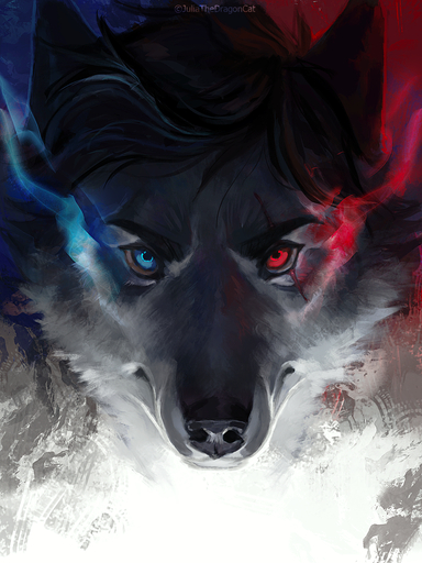 2019 3:4 black_hair black_nose canid canine canis digital_media_(artwork) fur grey_body grey_fur hair heterochromia hi_res juliathedragoncat mammal solo wolf // 1200x1600 // 3.1MB