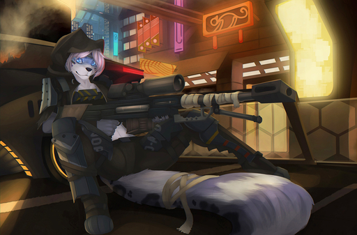anthro armor bad_trigger_discipline biped black_nose blue_eyes city clothed clothing detailed_background felid female fluffy fluffy_tail gun hair looking_at_viewer mammal merrunz night pantherine pink_hair ranged_weapon rifle segolia sitting smile sniper sniper_rifle snow_leopard solo spread_legs spreading weapon // 1280x843 // 678.2KB