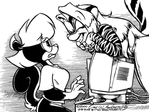 2000 4:3 anthro bent_over bottomless breasts cleavage clothed clothing computer duo eric_schwartz eyes_closed eyewear female fluffy fluffy_tail fur glasses gloves_(marking) greyscale keyboard mammal markings mephitid monochrome sabrina_(sabrina_online) sabrina_online skunk smile striped_body striped_fur stripes surprise webcomic webcomic_character zig_zag // 800x600 // 269.3KB