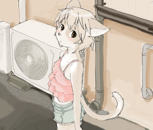 air_conditioner anthro biped blush bottomwear brown_body brown_eyes brown_fur clothed clothing cub domestic_cat felid feline felis female flat_chested fur hair kemono kikurage looking_at_viewer mammal outside pipes pupils shirt short_hair shorts slim slit_pupils solo standing street tank_top topwear white_body white_fur young // 600x510 // 211.2KB