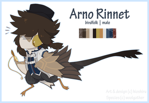 anthro avian biped bird birdfolk blue_border border brown_hair clock clothed clothing english_text feathered_wings feathers hair hat headgear headwear hioshiru male model_sheet simple_background solo standing text watch white_background wings // 1280x886 // 338.4KB