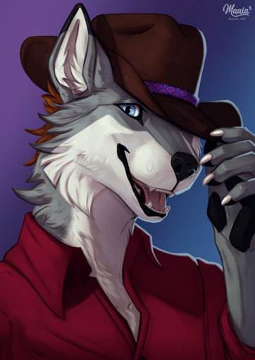 anthro blue_eyes canid canine canis clothed clothing cowboy cowboy_hat hair hat headgear headwear hi_res looking_at_viewer maaia male mammal simple_background smile wolf // 905x1280 // 861.5KB