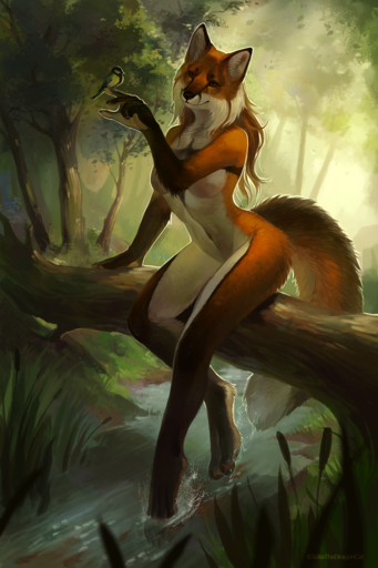 2018 2:3 5_fingers anthro avian barefoot bird breasts canid canine casual_nudity detailed_background digital_media_(artwork) digitigrade duo feet female feral fingers forest fox fur hi_res juliathedragoncat log mammal navel nude orange_body orange_fur outside partially_submerged perched plant red_fox smile solo_focus toes tree vulpes water white_body white_fur wood // 1000x1500 // 2.1MB