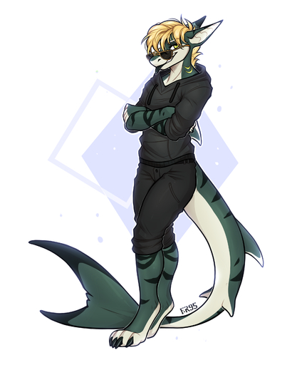 2022 4_toes 5_fingers absurd_res anthro clothing digitaol digitigrade eyebrows eyelashes f-r95 feet fingers fish hair hi_res hoodie looking_at_viewer male marine shark simple_background smile solo toes tongue topwear yellow_eyes // 2563x3202 // 2.4MB