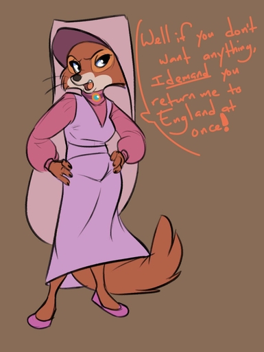 2018 anthro biped brown_background brown_body brown_fur canid canine clothed clothing dialogue dress english_text female footwear fox fully_clothed fur hands_on_hips hi_res maid_marian mammal open_mouth shoes simple_background siroc solo text // 1016x1352 // 96.8KB
