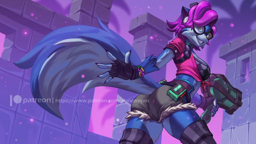 16:9 2020 5_fingers alanscampos anthro breasts butt_pose canid canine clothed clothing day detailed_background digital_media_(artwork) female fingerless_gloves fingers fox gloves gun hair handwear hi_res legwear looking_back mammal outside pepper_(paladins) pose purple_hair ranged_weapon rear_view skindentation sky smile solo teeth thigh_highs watermark weapon widescreen // 2000x1125 // 884.2KB