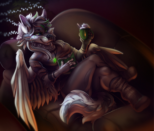 5_fingers anthro black_nose book canid canine canis clothed clothing detailed_background digital_media_(artwork) feathered_wings feathers female fingers fivel green_eyes hi_res hybrid mammal reading smile solo wings wolf // 1500x1279 // 3.8MB