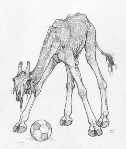 2017 ball bodily_fluids drooling ecmajor empty_eyes eyelashes female feral full-length_portrait giraffe giraffid greyscale hi_res mammal monochrome portrait saliva simple_background soccer_ball solo standing tailwag tongue tongue_out traditional_media_(artwork) undead white_background // 1021x1213 // 1.1MB
