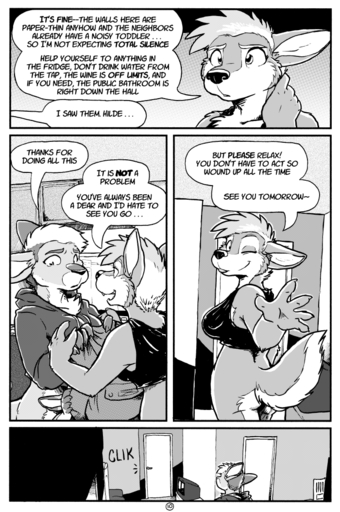 2014 adrian_gray anthro bottomless canid canine canis casual_exposure clothed clothing comic digital_media_(artwork) english_text female greyscale hildegard_rothschild kangaroo macropod mammal marsupial monochrome rick_griffin speech_bubble text wolf // 700x1054 // 466.7KB