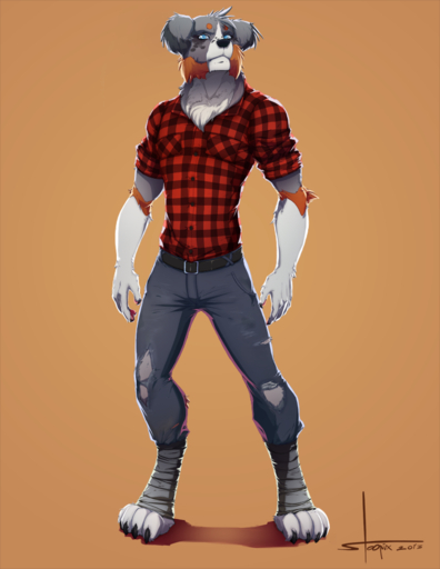 2013 anthro bandage belt black_nose blue_eyes bottomwear canid canine canis clothed clothing domestic_dog fully_clothed fur male mammal pants pose shirt simple_background solo stoopix topwear // 710x919 // 313KB