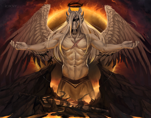 2016 abs ambiguous_gender angel anthro black_body black_feathers blindfold clothed clothing deity demon equid equine feathered_wings feathers group hair halo honovy horse hybrid lava long_hair lucifer_(argentfang) macro male mammal melee_weapon muscular muscular_male navel scar signature size_difference smoke sword topless weapon white_body white_feathers white_hair wings // 1084x848 // 1.4MB