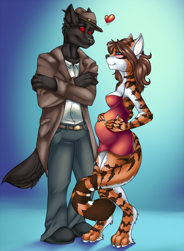 <3 alexandria_(maxiscore) anthro belly big_belly blue_eyes blush breasts brown_hair canid canine canis clothing digital_media_(artwork) duo felid female fivel hair hi_res love male mammal maxis_core pantherine pregnant red_eyes stripes tiger undead vampire wolf // 880x1200 // 772.6KB