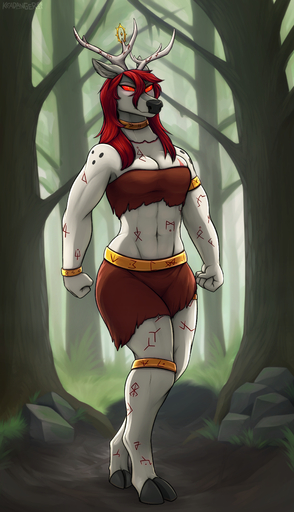 2021 absurd_res anthro antlers breasts cervid cleavage clothed clothing female forest fur hair hi_res hooves horn keadonger mammal muscular muscular_anthro muscular_female outside plant red_eyes red_hair runes solo tree white_body white_fur // 2300x4000 // 2.2MB
