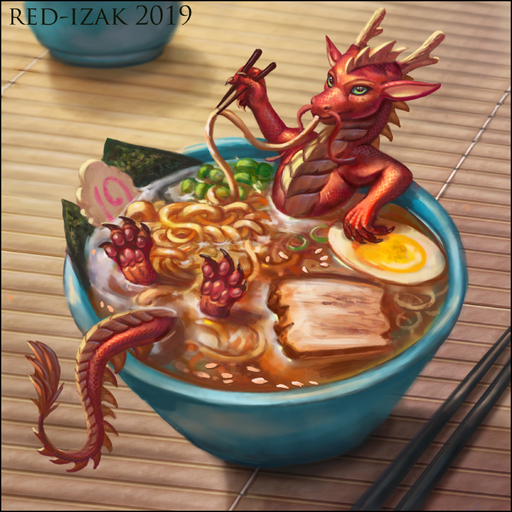 1:1 2019 bathing belly_scales chopsticks detailed_background digital_media_(artwork) dragon eastern_dragon eating egg feral food green_eyes horn letterbox male narutomaki noodles partially_submerged ramen red-izak red_body red_scales scales solo spines // 804x804 // 521.4KB