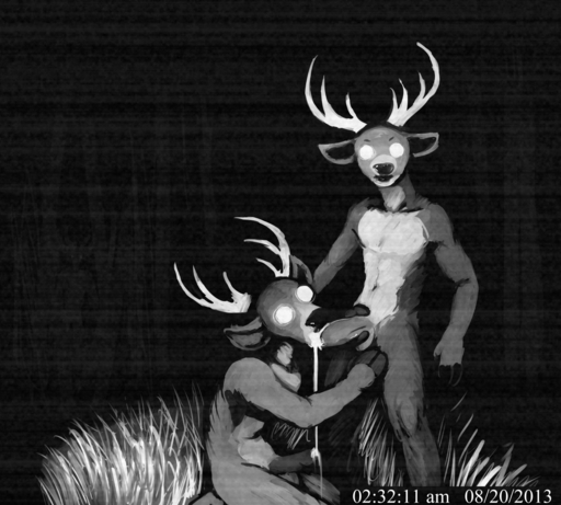 anthro antlers balls bodily_fluids camera camera_view caught cervid cum cum_drip cum_in_mouth cum_inside dripping duo fellatio genital_fluids genitals glowing glowing_eyes greyscale hladilnik horn looking_at_viewer male malemale mammal monochrome nightmare_fuel nude oral penile penis sex soul_devouring_eyes // 1280x1152 // 1.1MB