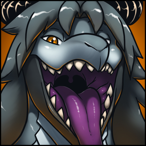 1:1 anthro black_border black_horn blue_body border dragon duel_monster fur_hire horn james_howard looking_at_viewer male mouth_shot open_mouth orange_background orange_eyes rafale_champion_fur_hire sharp_teeth simple_background solo teeth tongue tongue_out // 910x910 // 467.8KB