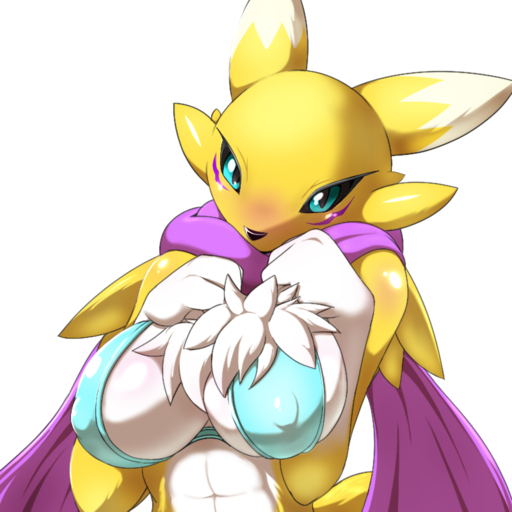 1:1 2017 abs anthro bandai_namco bedroom_eyes bikini black_sclera blue_eyes blush breasts canid canine clothed clothing digimon digimon_(species) digital_media_(artwork) female front_view fur half-closed_eyes hand_on_breast hand_on_own_breast hands_on_own_breasts kemojin looking_at_viewer mammal narrowed_eyes nipple_outline renamon scarf seductive simple_background solo swimwear white_background // 800x800 // 539.8KB