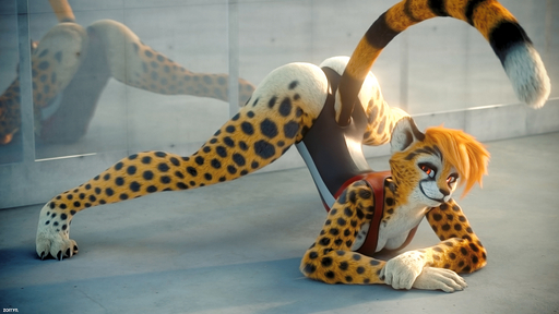 16:9 3d_(artwork) anthro ass_up biped breasts cheetah cleavage clothed clothing digital_media_(artwork) felid feline female fur furgonomics hair jack-o'_pose leotard looking_at_viewer mammal mirall mirror one-piece_swimsuit pose red_eyes reflection rubber rubber_suit short_hair smile smiling_at_viewer solo spots spots_(marking) spotted_body spotted_fur spread_legs spreading swimwear tight_clothing whiskers widescreen zorryn // 1280x720 // 518.5KB