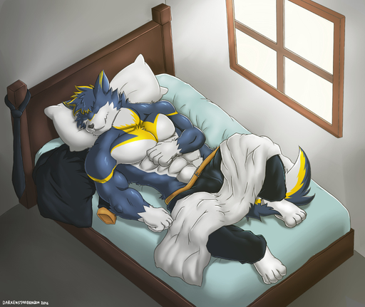 absurd_res agonylight anthro bed canid canine canis clothing darkenstardragon daylight furniture hi_res male mammal muscular muscular_anthro muscular_male sleeping solo window wolf // 3318x2793 // 4.3MB