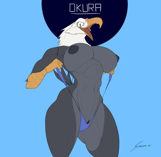 2021 abs accipitrid accipitriform anthro areola avian bald_eagle beak biceps big_breasts big_nipples bikini bird black_body blue_clothing blue_swimwear breasts camel_toe character_name clitoral_hood clitoris clothed clothing curvy_figure deltoids digital_media_(artwork) eagle exposed_breasts feathers female genitals hi_res muscular muscular_anthro muscular_female naughty_face navel nipples non-mammal_breasts okura_(jelomaus) open_mouth pose puffy_nipples pussy sea_eagle shredded_wheat signature simple_background skimpy sling_bikini smile solo swimwear tail_feathers thick_thighs tongue wide_hips yellow_beak // 1300x1273 // 332.8KB