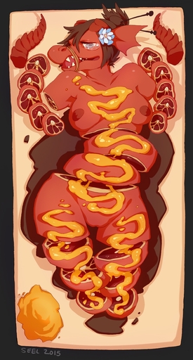anthro apple_in_mouth armless biped bodily_fluids breasts cooking_vore cooking_with_furs death dismemberment dragon female female_prey food genitals gore hair hi_res horn lying nipples non-mammal_breasts nude on_back open_mouth pussy scalie seel_kaiser solo tears vore // 781x1453 // 336.4KB