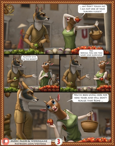 4_fingers agatha_(vestina) ancient ancient_rome anthro apple basket bovid brown_body brown_fur canid canine canis caprine clothing comic comic_panel container coyote day detailed_background dialogue duo ear_piercing ear_ring egg english_text exclamation_point female fingers food fruit fur goat hi_res male malefemale mammal multicolored_body multicolored_fur onion open_mouth outside piercing plant roman roman_empire rome sand_fur servius_(vestina) slave speech_bubble spqr standing street text tongue tunic url vegetable vestina white_body white_fur // 1420x1800 // 426.4KB