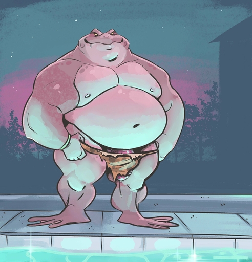 2019 3_toes amphibian anthro barazoku belly biceps bodily_fluids bottomwear bracelet clothing dramamine drooling feet frog genital_fluids genitals hi_res jewelry loincloth looking_at_viewer male navel nipples overweight overweight_anthro overweight_male penis plant precum saliva sky solo swimming_pool toes tree wardrobe_malfunction // 1686x1756 // 369.2KB