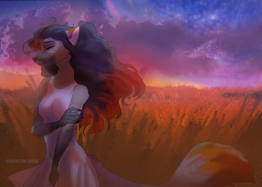 2020 5_fingers anthro black_hair black_nose breasts canid canine clothed clothing day detailed_background digital_media_(artwork) dress female fingers fox hair hauringu mammal outside sky solo standing // 1280x914 // 1.5MB