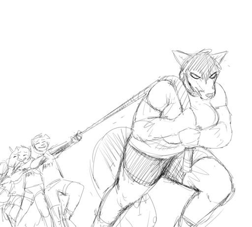 2019 angry anthro army black_and_white canid canine clothed clothing female fox hi_res hladilnik lifting mammal military monochrome muscular muscular_female peggy_patterson shirt simple_background soldier topwear tug_of_war warrior // 1422x1280 // 697.4KB