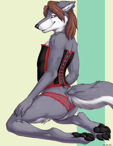 abstract_background anthro brown_eyes butt canid canine canis clothed clothing corset crossdressing digitigrade fuzzwolf girly lace lingerie looking_at_viewer male mammal panties pawpads paws pose simple_background smile solo topwear truegrave9 underwear wolf // 750x964 // 282.6KB